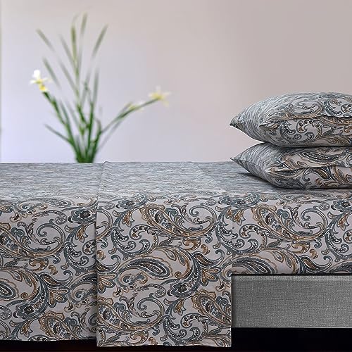 Tribeca Living Camilla Paisley 170-GSM Ultra-Soft Flannel Extra Deep Pocket Sheet Set, Oversized Flat, Queen Green, (CAMILLASHEQU)
