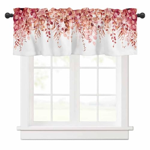 Curtain Valance for Windows Red Eucalyptus Rod Pocket Valance Window Treatments 1 Panel Watercolor Leaves Short Curtains for Kitchen Windows Bathroom Bedroom 54x18in