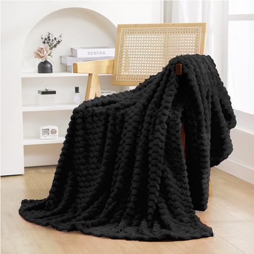 "Puncuntex Black Throw Blanket 50""×60"" inches Fuzzy 3D Jacquard Decorative Flannel Fleece Super Soft Plush Cozy Blanket for Couch Sofa Chair Lightweight"