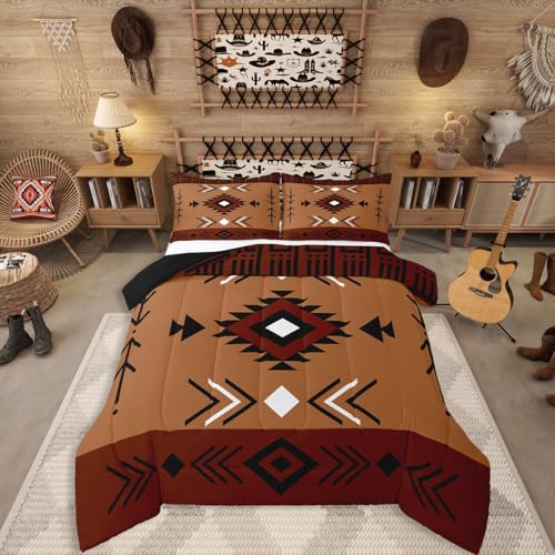 Queen Size Western Aztec Bedding Set, Native American Navajo Comforter Set for Boys Adult Teens Men, Southwestern Geometric Duvet Insert Ethnic American Native Quilt Rustic Farmhouse Decor, Brown