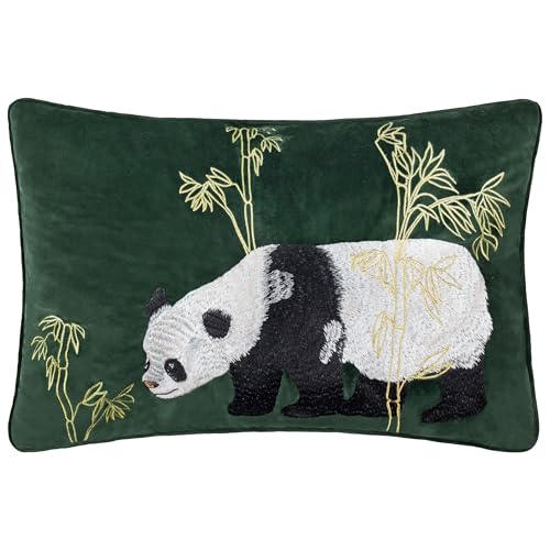 Paoletti Chuan Tranquil Panda Velvet Feather Filled Cushion - Emerald - 40x60cm
