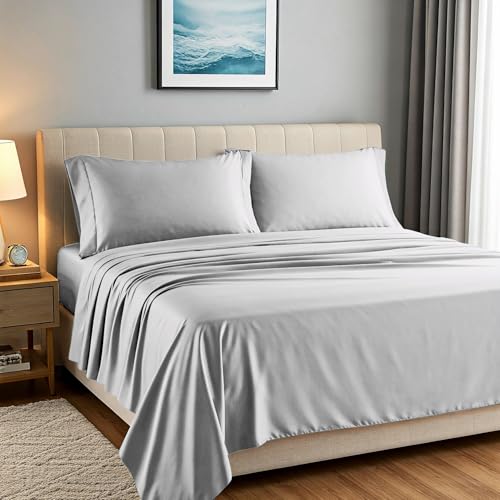 "Carressa Linen 100% Egyptian Cotton King Size Sheets Set - Luxury 1500 Thread Count Egyptian Cotton Sheets King Size (4 PC, Light Grey), 17"" Deep Pocket, Silky Soft, Cooling Sateen Hotel Bedding"
