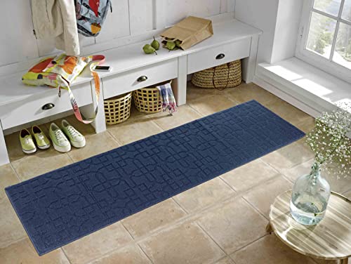 IVY Washable Door Mat Kitchen Mats Non Slip Cubed Trellis Design Kitchen & Hall Runners Doormats, Navy, 60x220 cm