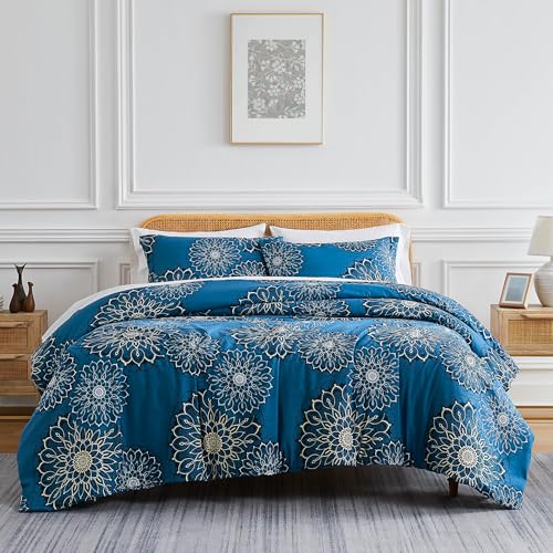 Southshore Fine Living, Inc. Oversized Boho Comforter Twin Bedding Sets, Down Alternative Bedspread, Paisley Floral Comforter, Twin XL Bedding with Matching Pillow Sham, Midnight Floral Blue