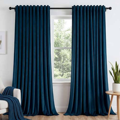 Dchola Navy Blue Velvet Curtains for Bedroom Window with Back Tab, Super Soft Vintage Luxury Heavy Drapes, Room Darkening Thermal Insulated Curtain for Living Room, W52 by L63 inches, 2 Panels