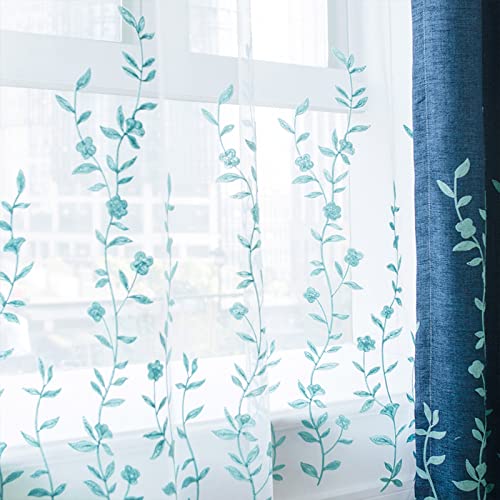 Melodieux Flower Embroidery Sheer Curtain for Living Room Patio Sliding Door Wide Window Rod Pocket Voile Drape, White/Blue, 100 by 84 Inch (1 Panel)