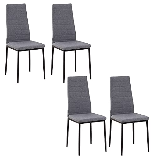 HOMCOM High Back Dining Chairs Modern Upholstered Linen-Touch Fabric Accent Chairs with Metal Legs for Kitchen, Set of 4, Grey