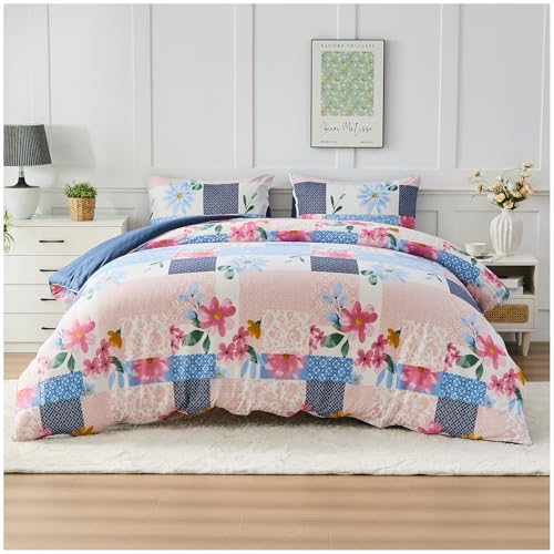 GC GAVENO CAVAILIA Flower Pattern King Size Duvet Cover Sets with Pillowcases - Easy Care Floral Comforter Bedding Set - Durable & Super Soft Polyester Lightweight Geometric Quilt Cover, Pink/Navy