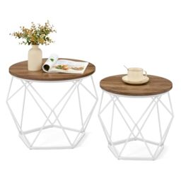 VASAGLE Round Coffee Table, Set of 2, Side Table, Sofa End, Modern Style, Removable Top, Steel Frame, for Living Room, Honey Brown and Cloud White LET040K41