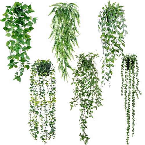 Sggvecsy Fake Hanging Plants 6 Pack Artificial Hanging Eucalyptus Plants Potted Greenery Faux Mandala Vine String of Pearls Boston Fern Ivy Vine Leaves Pea Pod for Home Indoor Outdoor Shelf Wall Decor