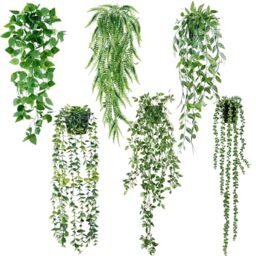 Sggvecsy Fake Hanging Plants 6 Pack Artificial Hanging Eucalyptus Plants Potted Greenery Faux Mandala Vine String of Pearls Boston Fern Ivy Vine Leaves Pea Pod for Home Indoor Outdoor Shelf Wall Decor