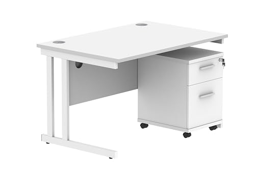 Office Hippo Heavy Duty Contract Grade Office Desk Workstation and Lockable 2-Drawer Pedestal Set, 120kg Weight Tolerance, 5-Year Warranty, FSC Certified, White, White Legs, 1200 x 800mm