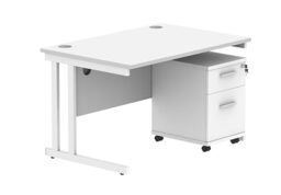 Office Hippo Heavy Duty Contract Grade Office Desk Workstation and Lockable 2-Drawer Pedestal Set, 120kg Weight Tolerance, 5-Year Warranty, FSC Certified, White, White Legs, 1200 x 800mm