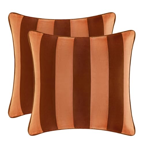 MONDAY MOOSE Decorative Throw Pillow Covers Cushion Cases, Set of 2 Soft Velvet Striped Piping Edge Designs, Pillow Inserts Not Included (Rust/Coral, 16x16 inch)