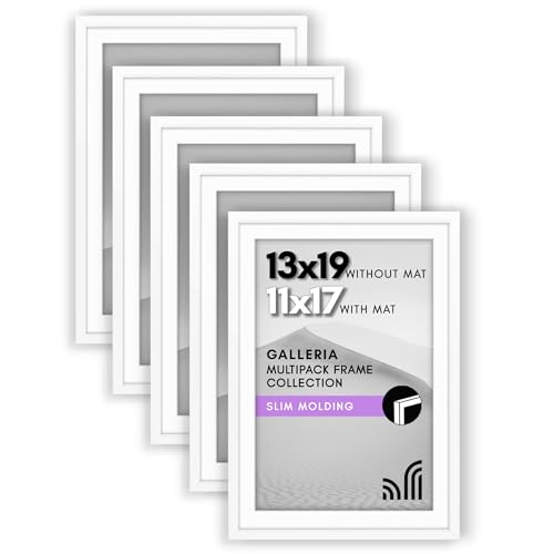 Americanflat 13x19 Picture Frame With Polished Plexiglass - Set of 5 - Use as 11x17 With Mat or 13x19 Without Mat - Galleria Collection - Gallery Wall Set for Wall Display - White