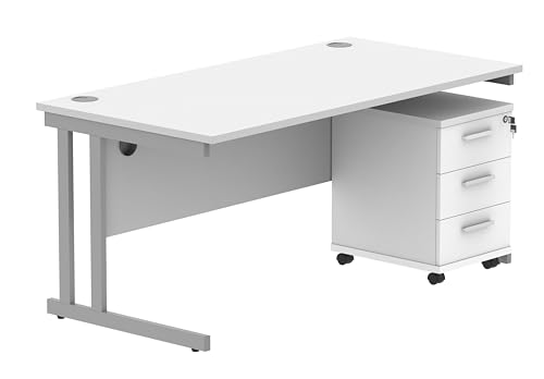 Office Hippo Heavy Duty Rectangular PC Office Desk with Storage, 3 Drawer Mobile Pedestal, Silver Frame, Arctic White Top, 160 x 80 x 73 cm