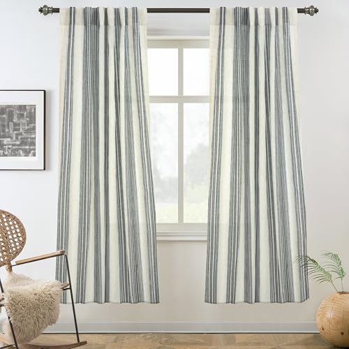 DriftAway Farmhouse Vertical Striped Linen Blend Textured Light Filtering Semi Sheer Curtains for Living Room Bedroom 63 Inches Long Drapes 2 Panels Broad Striped Linen Grey