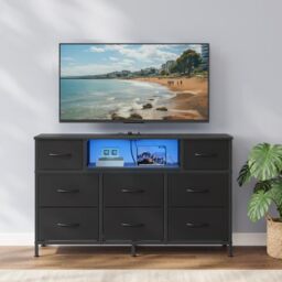 SONGMICS Chest of Drawers, Fabric Storage Cabinet with 8 Drawers, LED Lights and Charging Station, 113.8 x 30 x 68.1 cm, Black, for Bedroom and Living Room, Bellah Collection LGS433BH03
