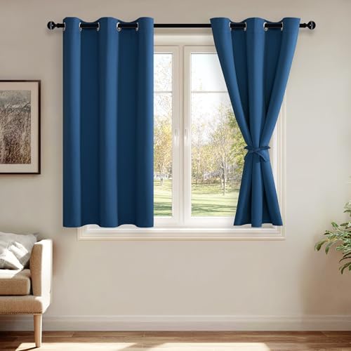 JIUZHEN Blackout Curtains for Bedroom - Thermal Insulated Room Darkening Rod Pocket Curtains for Living Room, Set of 2 Panels with Tiebacks???38x45 Inch Length, Classic Blue
