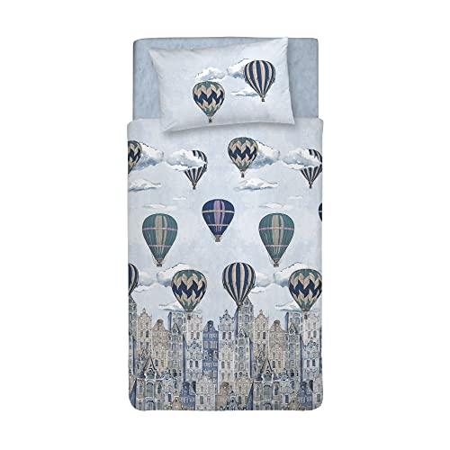 PENSIERI DELICATI Single Duvet Cover Set 100% Cotton, Complete with Bag 155 x 200 cm and 1 Pillowcase 52 x 82 cm, Made in Italy, Duvet Cover Washable In Machine At 40 °, Flying Blue Pattern
