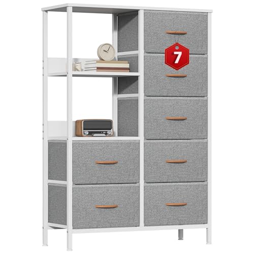 GoaHi Fabric Chest of Drawers Bedroom with 7 Drawers, Tall Storage Organizer Unit with 3 Layer Shelves,Storage Drawers with Fabric Bins, Storage Cabinet for Living Room & Closets(Light Grey)
