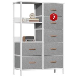 GoaHi Fabric Chest of Drawers Bedroom with 7 Drawers, Tall Storage Organizer Unit with 3 Layer Shelves,Storage Drawers with Fabric Bins, Storage Cabinet for Living Room & Closets(Light Grey)