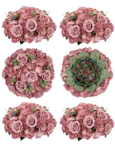 "BLOSMON Artificial Flower Balls Wedding Centerpieces, 6 Pcs, Dusty Pink - 15.7"" Dia Large Fake Rose Hydrangea Flowers Arrangement, Faux Floral Bouquet with Base for Table, Wedding, Party, Home Decor"