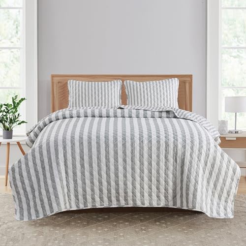 Market & Place Grey Striped Quilt Set Queen Size - Ultra Soft Lightweight Microfiber Bedspread - 3 Piece Reversible Coverlet Set for All Seasons - Avery Collection (Full/Queen, Light Grey)