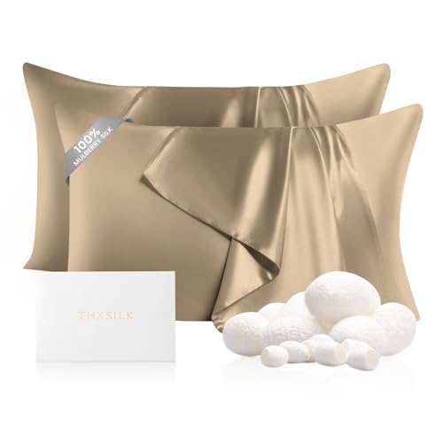 "THXSILK Set of 2 100% Mulberry Silk Pillowcase for Hair and Skin, Grade 6A+ Mulberry Silk Pillow Cases 22 Momme, Hypoallergenic Pillow Case Cover with Zipper (Queen 20""x30"", Taupe)"