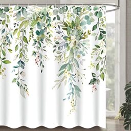 Zussun Long Green Eucalyptus Shower Curtain Watercolor Floral Plant Leaf Shower Curtains for Bathroom Botanical Flower Waterproof Fabric Bath Curtain Decor with Hooks (Green, 72'' x 78'')