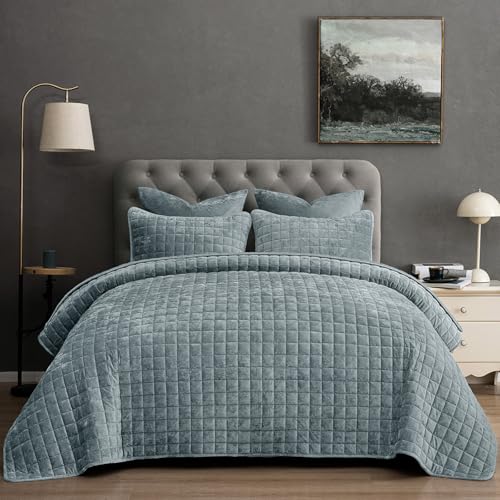 "PHF Luxurious Velvet Quilt Set King Size -3PCS Super Soft with Square-Box Quilt Pattern, Breathable Quilted Bedspread, Giftable Coverlet, 108"" x 92"", Dusty Blue"
