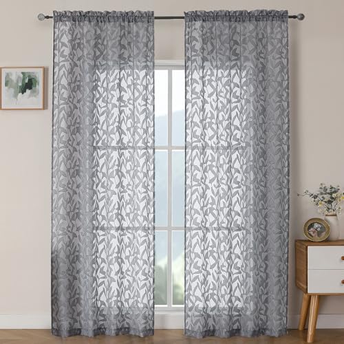 OWENIE Leyna Charcoal Gray Sheer Curtains 90 Inches Long for Bedroom 2 Panels Set, Light Filtering Jacquard Clip Textured Long Semi Living Room Curtains, Airy Leaves Rod Pocket Drapery, 40Wx90L Inch