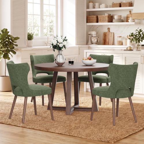 MALOL Upholstered Dining Chairs Set of 4, Dining Room Chairs with Hollow Backrest, High Back Kitchen Chairs with Solid Wood Legs, Thick Seat Cushion, Anti-Slip Pads, Green