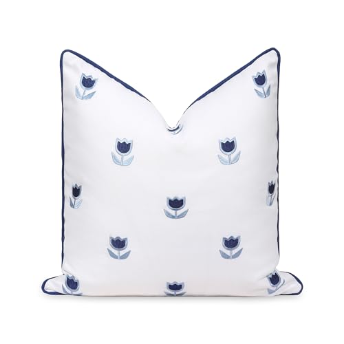 "Hofdeco Premium Coastal Patio Indoor Outdoor Throw Pillow Cover Only, 20""x20"" Water Repellent for Backyard, Couch, Navy Blue Embroidered Tulips Floral with Piping"