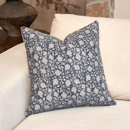 DOMVITUS Floral Pillow Covers 20x20, Throw Pillows for Couch, Block Print Pillow Cover, Decorative Neutral Accent Throw Pillow Covers for Living Room, 1PC, Dusty Blue