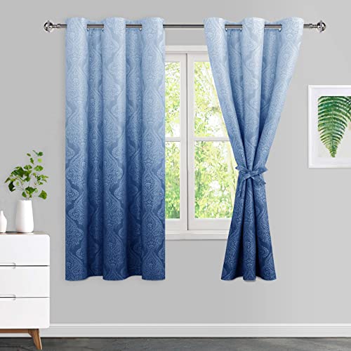 JIUZHEN Blue Ombre Blackout Curtains 63 Inch Long???Damask Patterned Thermal Insulated Noise Reducing Grommet Curtains for Bedroom Living Room, 42 x 63 Inches, Set of 2 Panels with Tiebacks