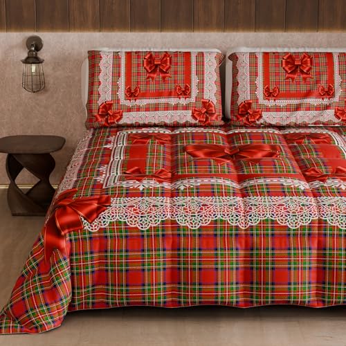 PETTI Artigiani Italiani - Single Winter Quilt, Single Duvet, Double Sided Quilt Solid Colour and Digital Print Tartan Bow, Made in Italy