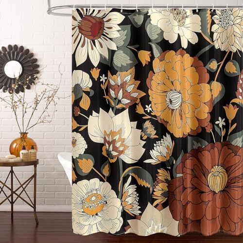 MitoVilla Boho Floral Shower Curtain, Tropical Leaves Fabric Cloth Shower Curtains for Chic Morden Bathroom Decor, Mid-Century Abstract Colorful Flower Shower Curtain, 72x72