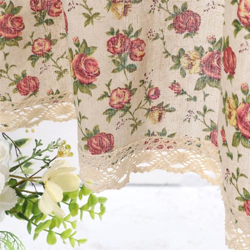 "Moslovstar Romantic Blooming Roses Tier Curtain 1 Panel Vintage Style Cotton Linen Half Curtain for Kitchen Cafe Elegant Floral Lace Hem 56"" W x 43.3"" L Beige"