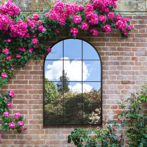 "MirrorOutlet The Fenarc - Black Metal Framed Modern Arched Garden Wall WIndow Mirror 47"" X 31"" (120CM X 80CM) Gold. 2cm Wide Frame and 3cm Deep. Perfect for Home and Garden"