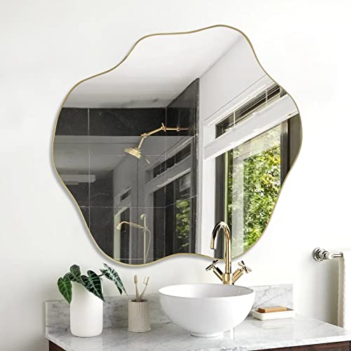 "DAOYIJIAJU Gold Cloud Shaped Mirror, Asymmetrical Wall Mirror, Unique Irregular Shaped Mirror, Morden Wavy Frameless Mirror for Living Room Bathroom Bedroom Entryway, 30""x26.8"""