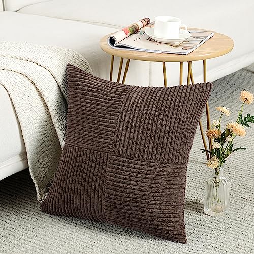 Fancy Homi Dark Brown Decorative Throw Pillow Covers 18x18 Inch for Living Room Couch Bed Sofa, Rustic Farmhouse Boho Home Decor, Soft Corss Corduroy Patchwork Textured Cushion Case 45x45 cm