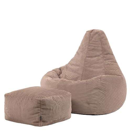 icon Dalton Cord Bean Bag Chair with Footstool, Mocha Brown, Large Adult Bean Bag with Filling Included, Comfy Chair, Living Room Furniture, Bedroom Furniture