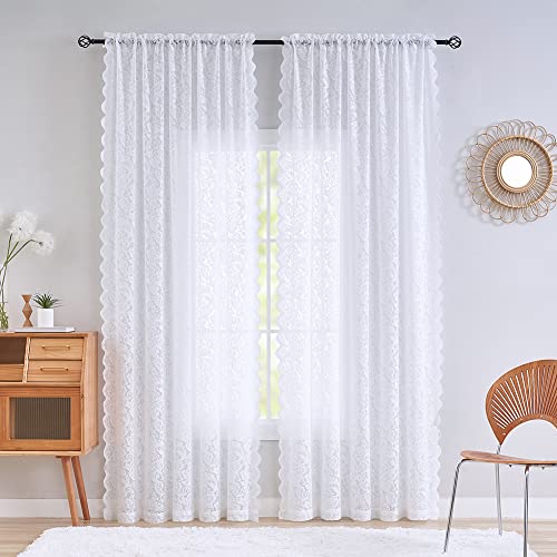 ALIGOGO White Lace Sheer Curtains 108 Inch Long, Vintage Flower Pattern Country Extra Long Curtains for Living Room Rod Pocket 2 Panels 52 W x 108 L Inch, White