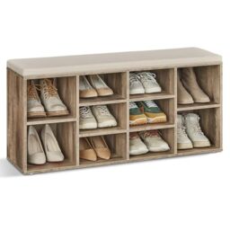 VASAGLE Shoe Bench, Storage Bench with Padded Cushion, 10 Compartments, Adjustable Shelves, for Living Room, Hallway, 104 x 30 x 48 cm, Light Oatmeal CUSTOS Collection LHS010K04