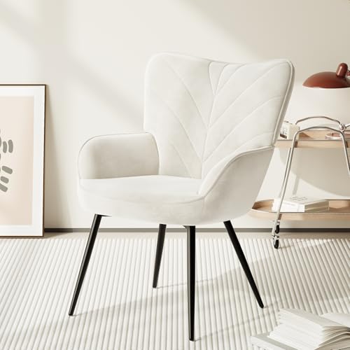 COLAMY Velvet Accent Chair with Black Metal Legs, Modern Armchair with Ergonomic Backrest, Wide Seat & High-Density Foam,Vanity Chair for Living Room Bedroom Lounge or Dressing Table,White