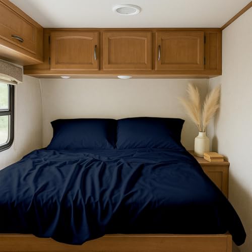 Shreem Linen RV Sheets, Bunk (30x75) Inch, Upto 10-12 Inch Deep Pocket, 100% Egyptian Cotton RV Sheet Sets 4 Piece, Navy Blue Solid