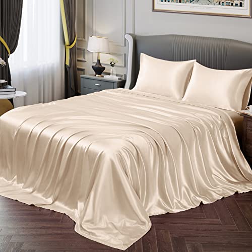 Vonty Silky Soft Satin Duvet Cover Set with 1 Deep Pocket Fitted Sheet + 1 Flat Sheet + 2 Pillow Cases, Beige, King Size