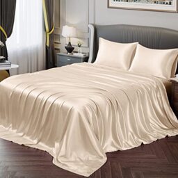 Vonty Silky Soft Satin Duvet Cover Set with 1 Deep Pocket Fitted Sheet + 1 Flat Sheet + 2 Pillow Cases, Beige, King Size