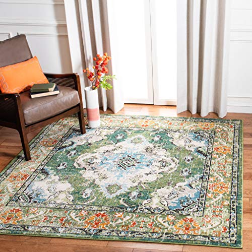 Safavieh Boho Rug for Living Room, Dining Room, Bedroom - Monaco Collection, Short Pile, in Forest Green and Light Blue, 160 x 160 cm